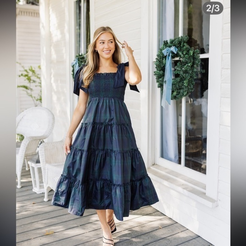 J.MARIE katrina tie strap plaid midi dress in navy